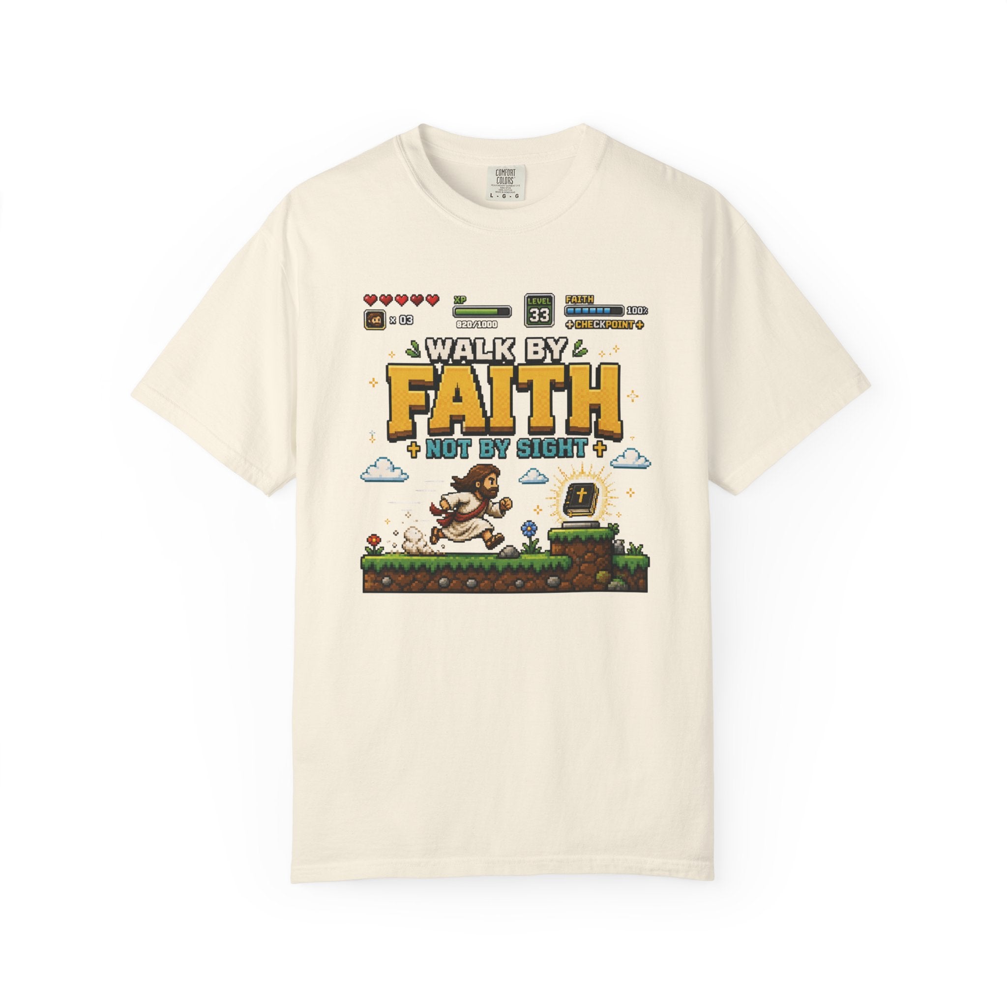 Walk By Faith Not By Sight Shirt | Christian Gamer Tee | Retro Pixel Art | Faith-Based Gaming T-Shirt