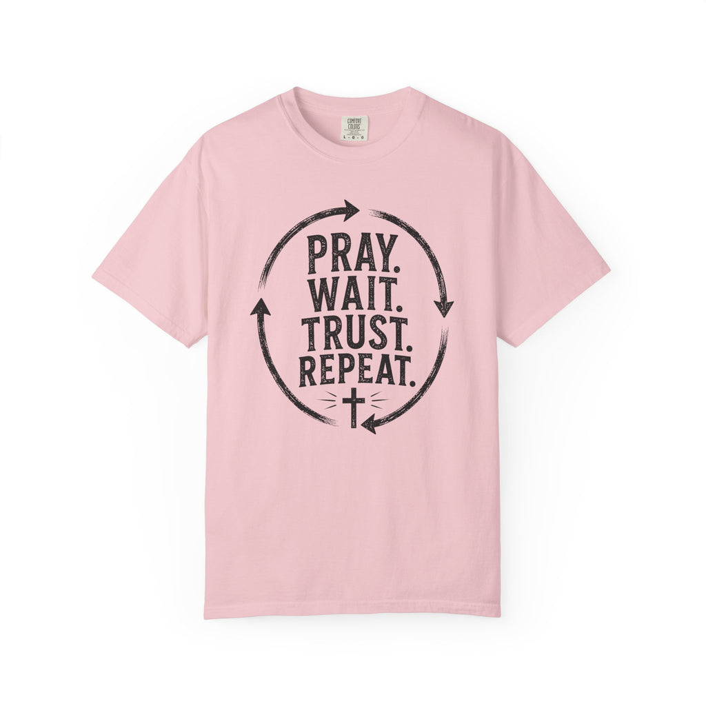 Pray Wait Trust Repeat Christian T-Shirt | Vintage Faith Graphic Tee