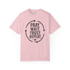 Pray Wait Trust Repeat Christian T-Shirt | Vintage Faith Graphic Tee