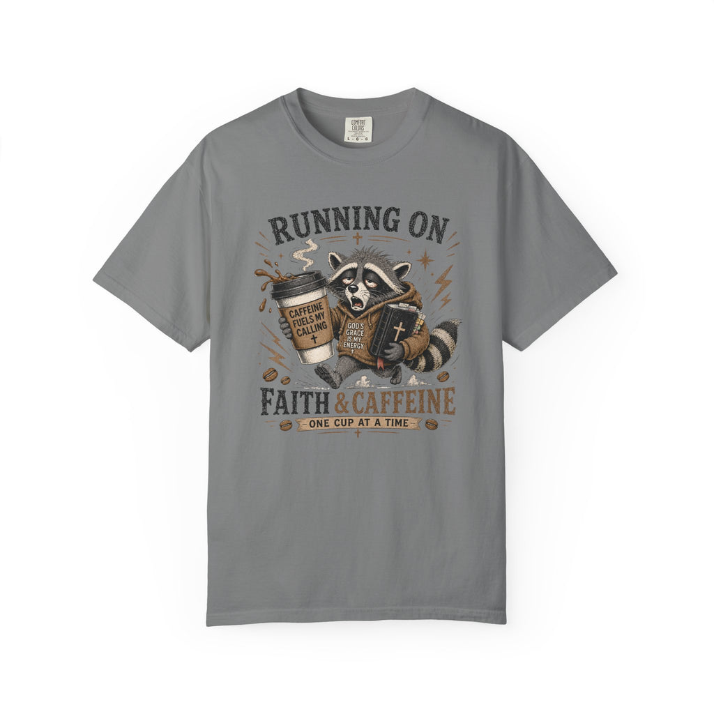 Running on Faith & Caffeine T-Shirt — Raccoon Coffee Lover Graphic Tee