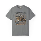 Running on Faith & Caffeine T-Shirt — Raccoon Coffee Lover Graphic Tee