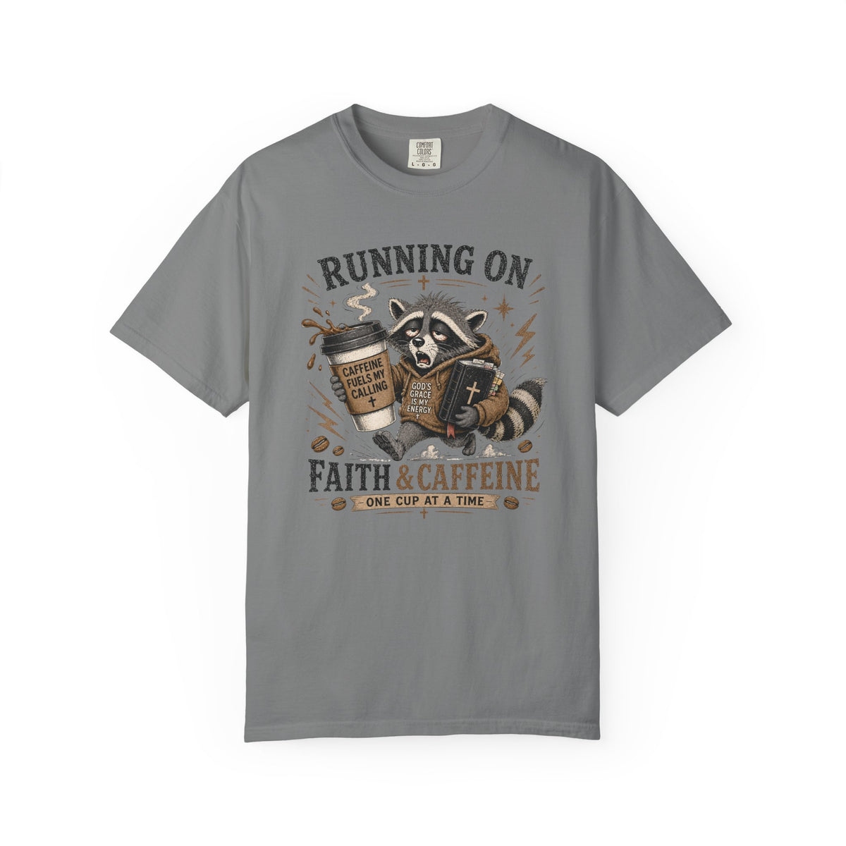 Running on Faith & Caffeine T-Shirt — Raccoon Coffee Lover Graphic Tee
