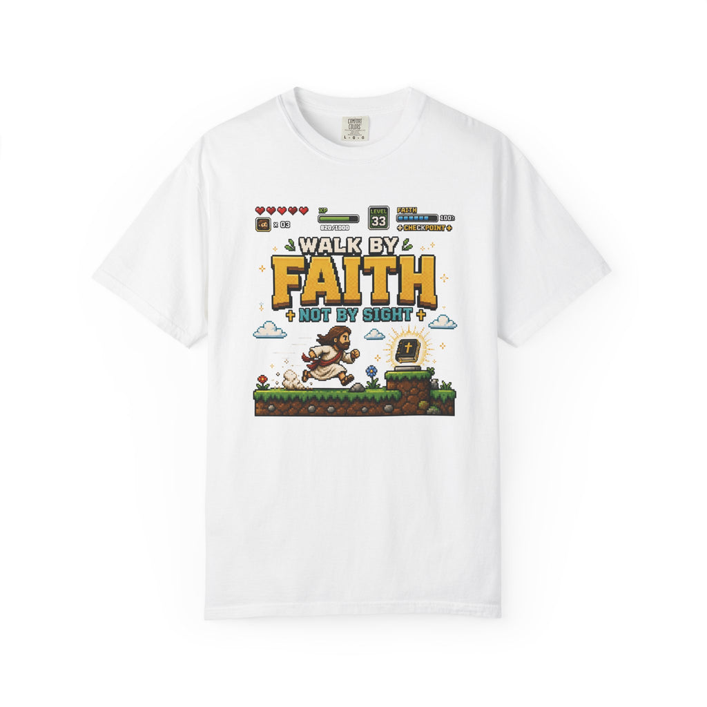 Walk By Faith Not By Sight Shirt | Christian Gamer Tee | Retro Pixel Art | Faith-Based Gaming T-Shirt