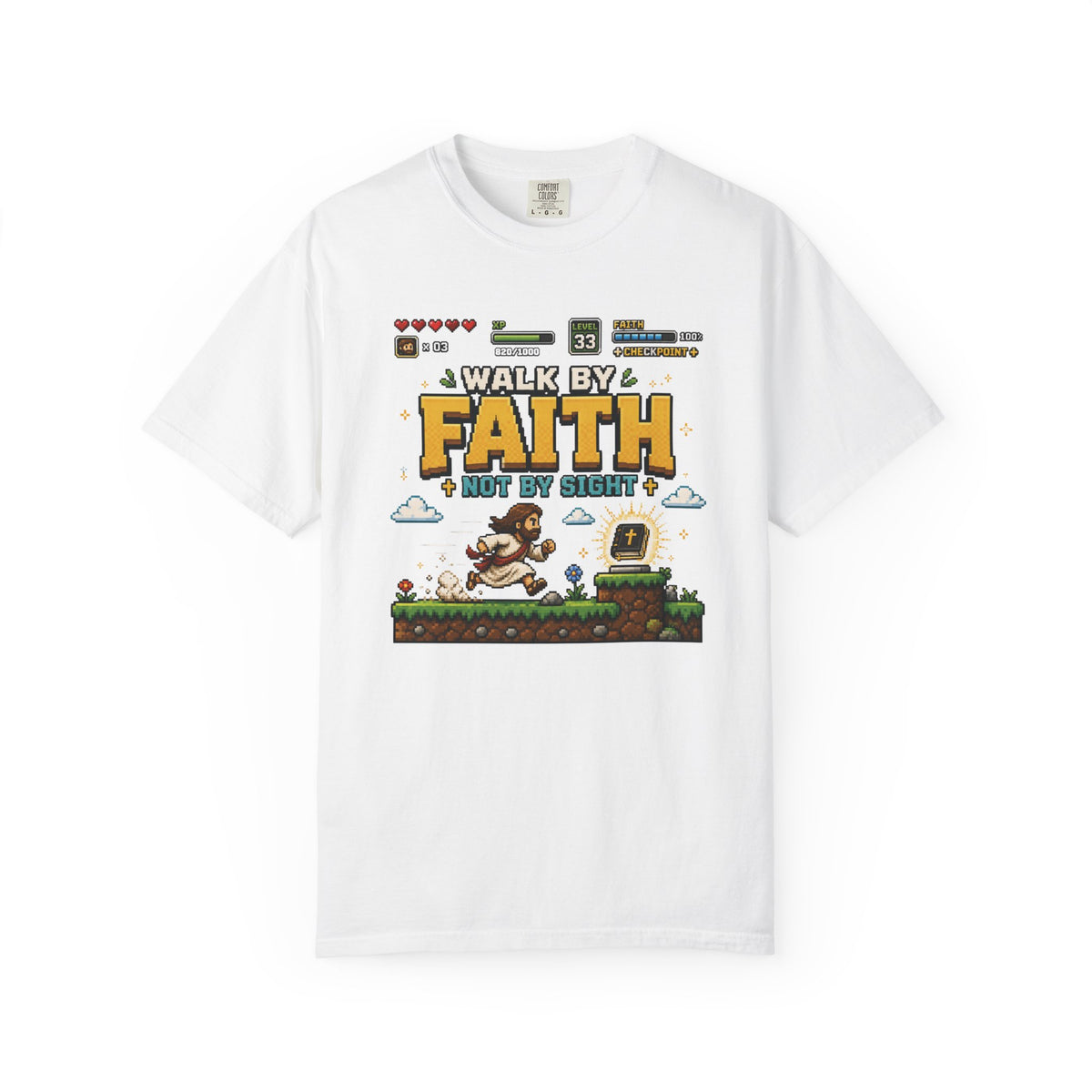 Walk By Faith Not By Sight Shirt | Christian Gamer Tee | Retro Pixel Art | Faith-Based Gaming T-Shirt