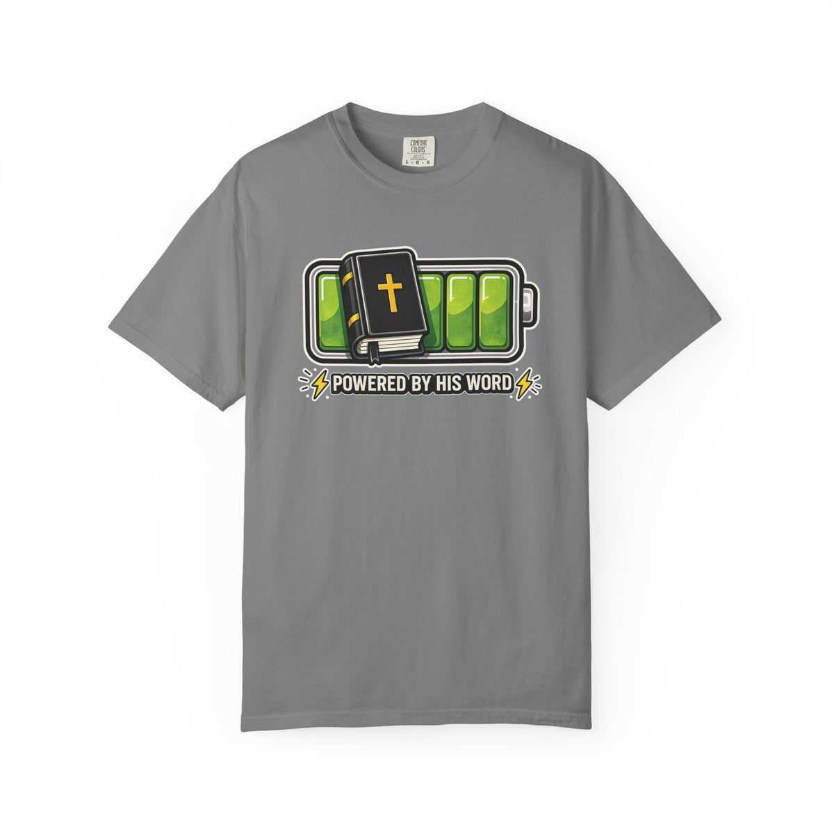 Powered By His Word | Christian Faith Battery T-Shirt